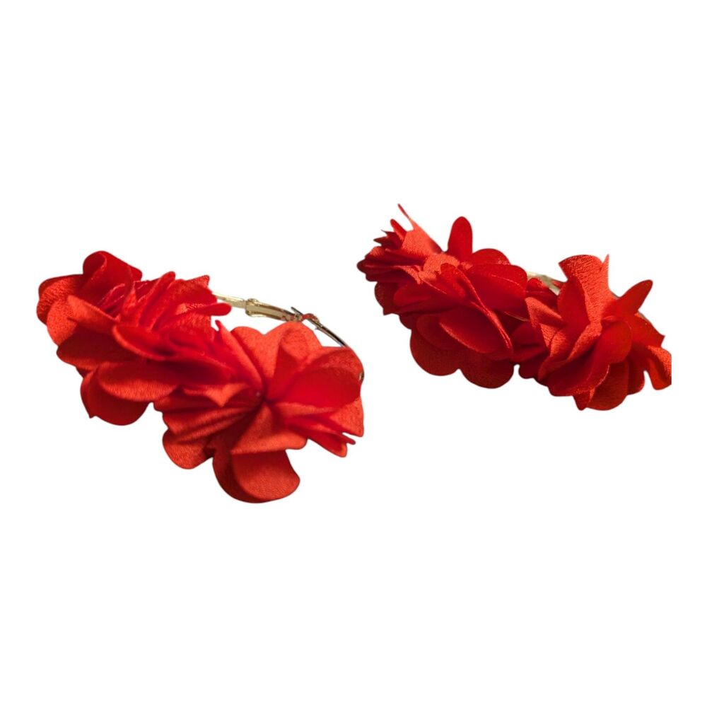 Red Flower Hoop Earrings Gold Tone Statement Floral Earrings - Picture 3 of 4